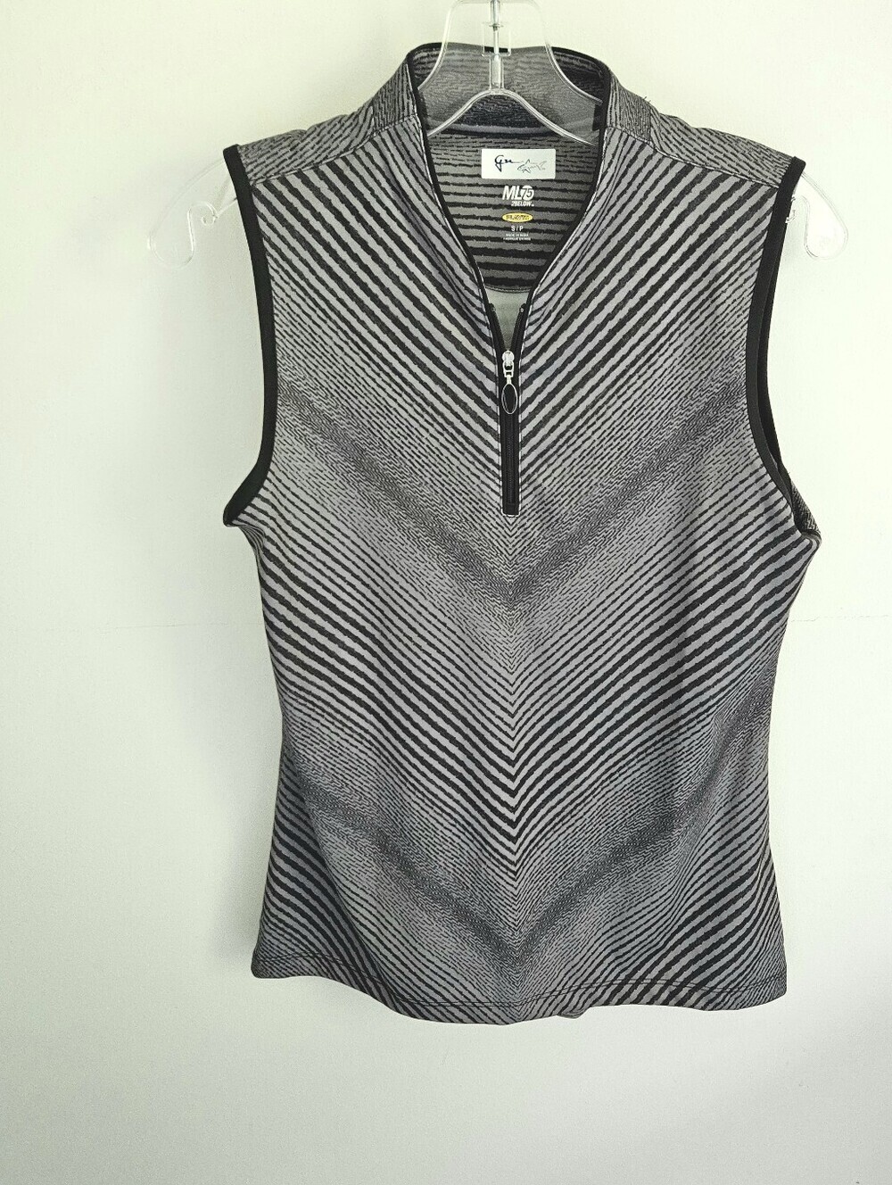 Greg Norman Golf Shirt Quarter Zip Sleeveless Gray Stripe